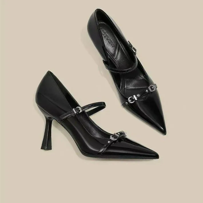 Naipa Black Temperament Word With Fine Heel High Heels Female Niche Design Metal Buckle Tip Light Mouth Single Shoe Woman HZ0115