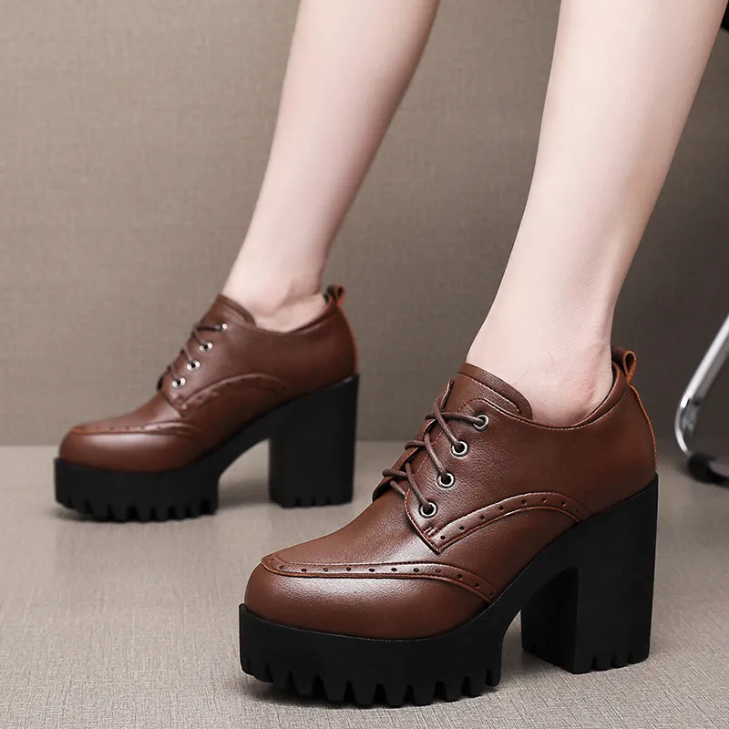 Dark Brown Bullock Women's Shoes With English Carved Small Leather Shoes Thick Heel High Heel Waterproof Table Round Head Deep Mouth Single Shoe HZ0115