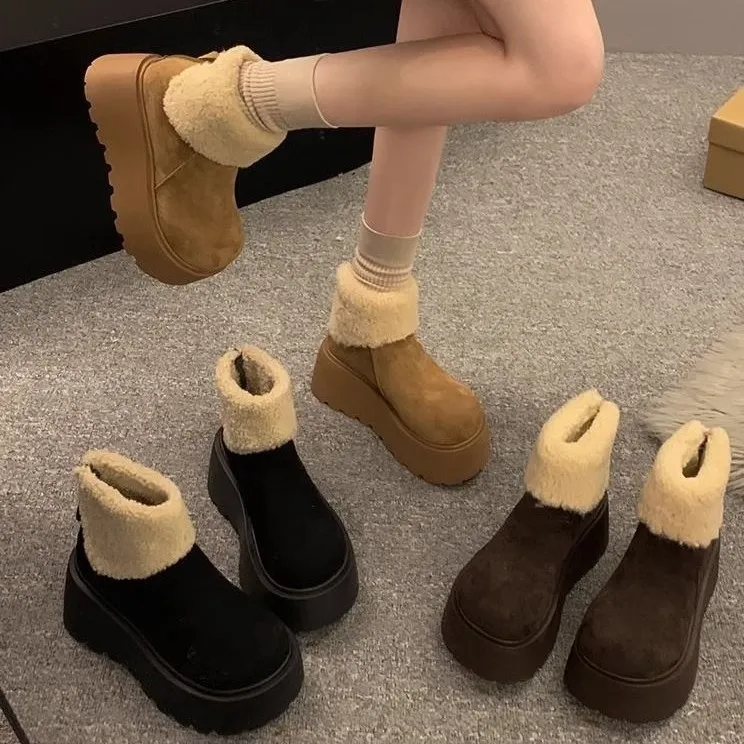 Thick Bottom Height Snow Boots Women 2025 New Winter Plus Velvet Warm Hair Short Boots Fashion Ugly Big Head Cotton Shoes HZ0115