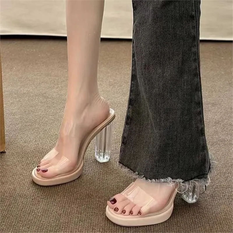 High-Heeled Women 2025 Summer New Waterproof Table With No Tired Feet Thick Heel Crystal Slippers Women's Sandals Women's Shoes HZ0115