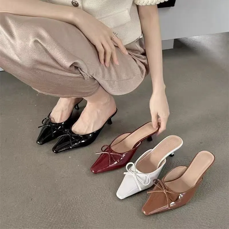 2025 New Bows Fine Heels Large-Size Wine Red Wear Slippers Retro Tip Half-Tug HZ0115