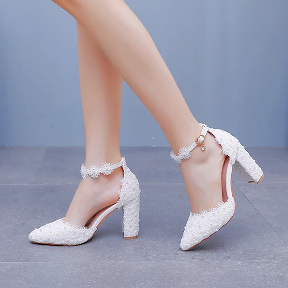 White Lace Pointed Women's Singles Lace Wedding Dress Shoes Spring Thick Heel Sharp Sandals White Wedding Shoes Shallow HZ0115