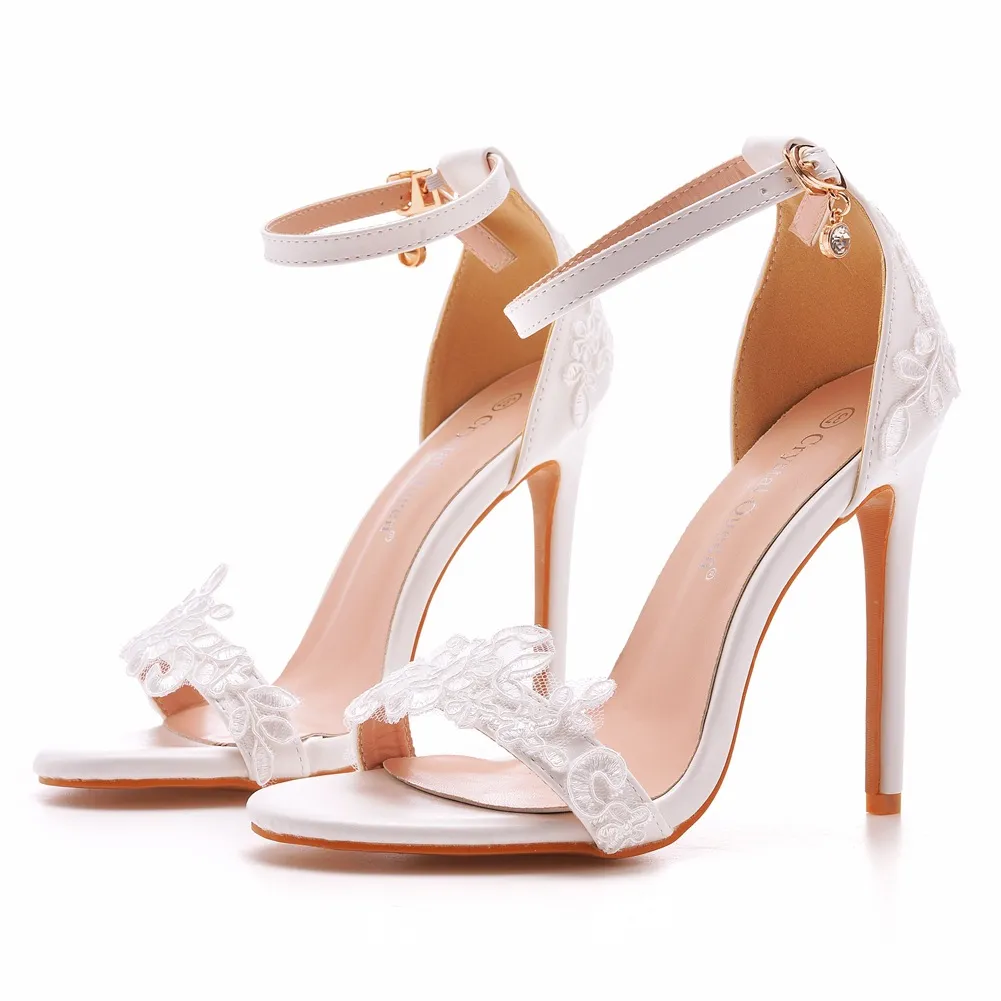 11 Cm Fine Heel Sandals White Buckle Shoes Fine Heel Roman Sandals Lace High Heel Sandals HZ0115