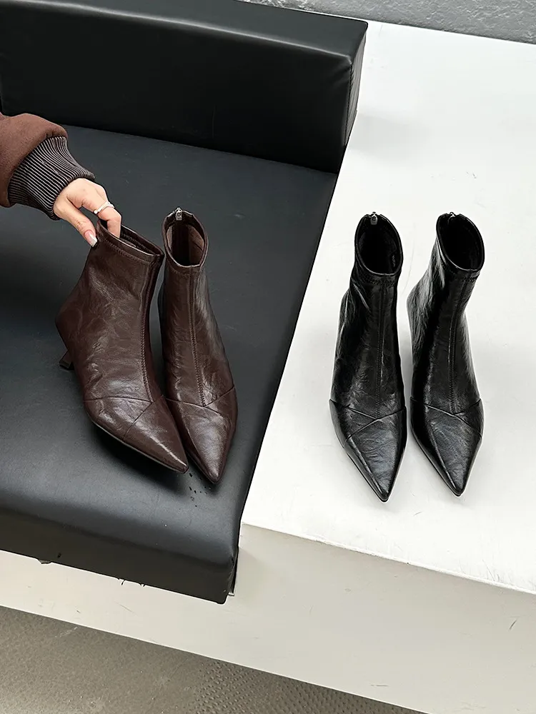 Soft Leather Black High And Short Boots Women Thin And Pointed 2025 Commuting French Thin Skin Boots HZ0115