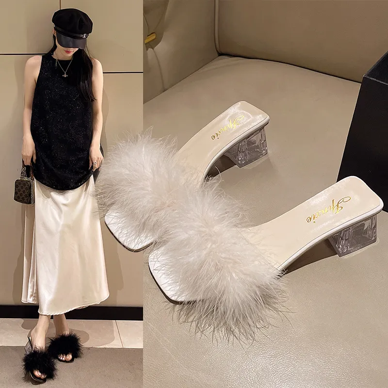 High-Heeled Slippers Women's Summer Wear 2025 New Fairy Hair Slippers Net Red Thick And One-Word Drag Sandals Women HZ0115