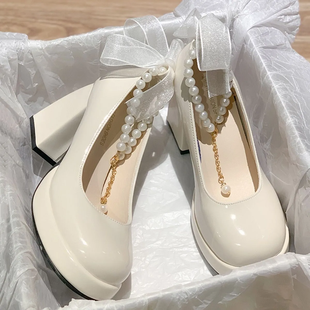 Mary Jane High Heels Women 2025 Spring New Small Roundhead Pearl White Painted Heel Shoes HZ0115
