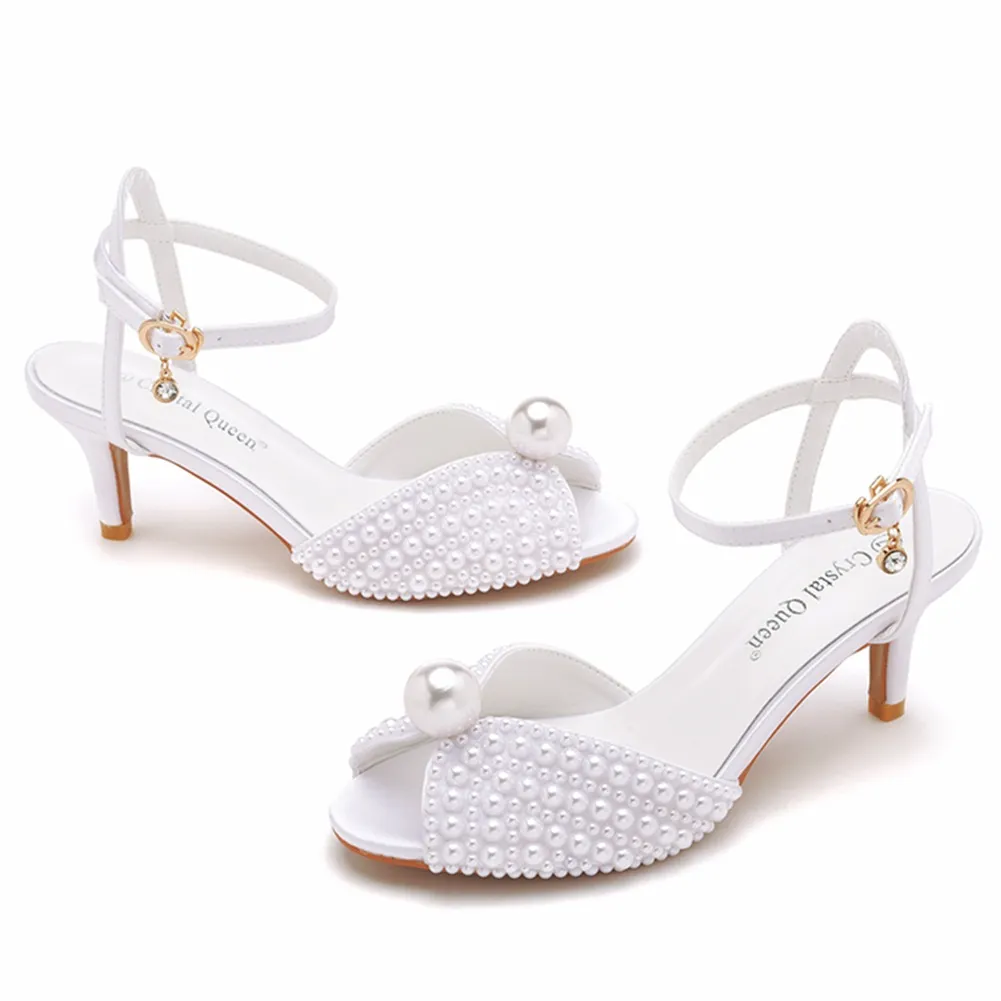 6 Cm Fish Mouth High-Heeled Sandals Shallow Mouth Buckle With Large-Size Round-Head High-Heeled Shoes Hollow Fish Mouthed Ribbon Pearl Sandals HZ0115