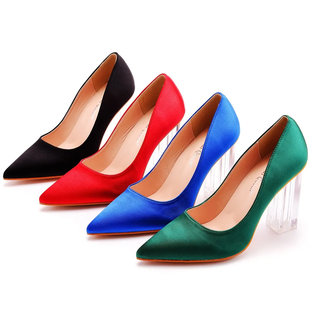 9 Cm Crystal Transparent Square Heel Pointed Shoes Bridal Shoes Silk Satin Dress Dress Shoes Wedding Shoes HZ0115