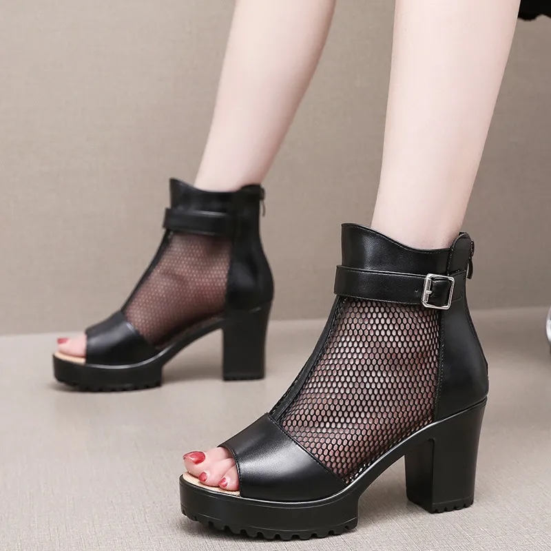 Fish Mouth Net Sandals Women Summer High Heel Waterproof Table Zipper Mesh Shoes Fashion Women's Hollow Breathable Cool Boots HZ0115