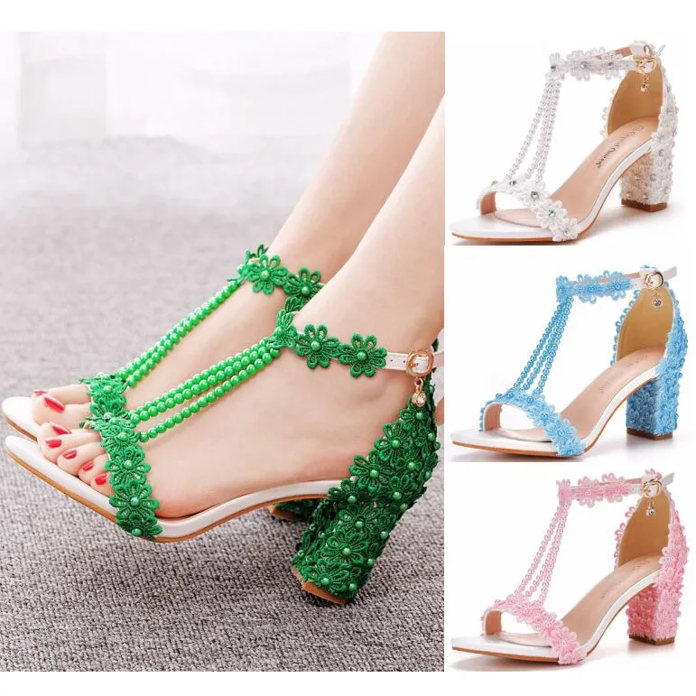 7 Cm Light Mouth With Beaded Square Sandals White Lace Beaded Bride Wedding Shoes Coarse Sandals Woman HZ0115