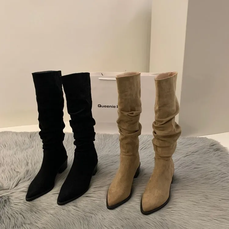 High-Heeled Western Mid-West Boots Women's Shoes 2025 New Autumn And Winter Single-In-Head Pile Of Long-Heeled Knight Boots HZ0115