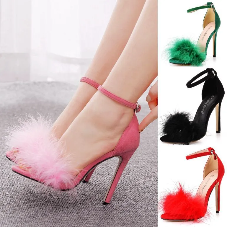 Sexy Feather High-Heeled Sandals 45 Yards 46 Yards Pink Light Mouth With Fish Mouth High Heel Sandals Woman HZ0115