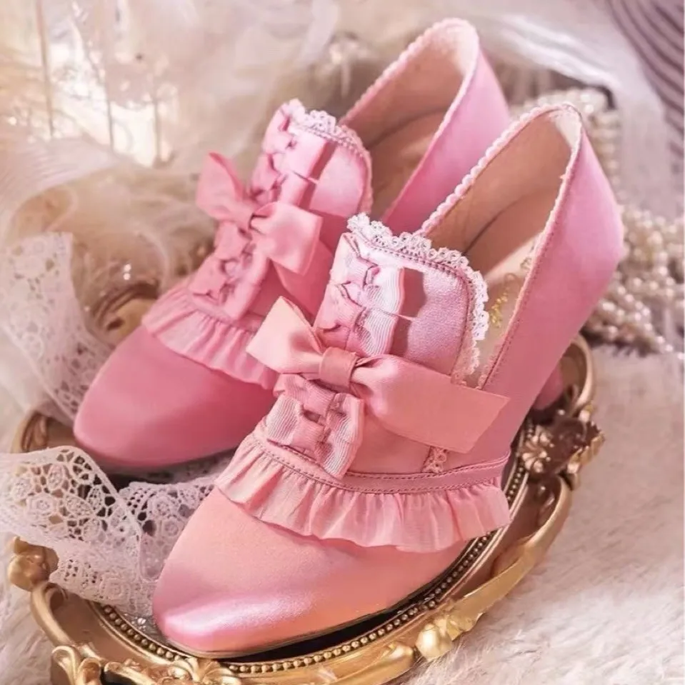 Lace Bow Pink Fashion Single Shoes Lolita Lace Girl Cute Soft Sister Jk High Heels HZ0115