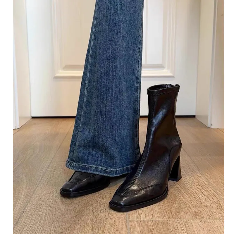 Korean Version Of High-Heelan Head Thin Boots Short Boots Women Coarse And Retro Martin Boots English Style Short-Sleet Single Boots HZ0115