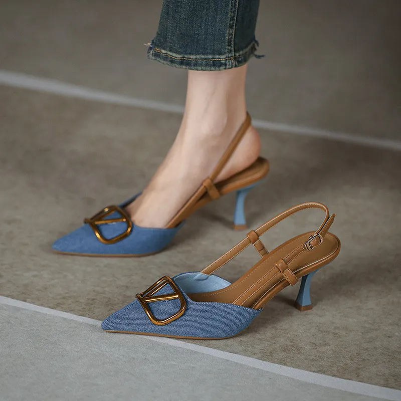 Sandals Women's French Temperament Blue Single Shoes 2025 New Pointed High Heel Fine Heel High Heel High Heel High Heels HZ0115