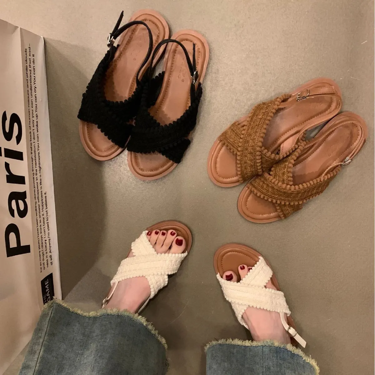 Flat-Soled Sandals Women 2025 New Summer Retro National Fairy Evening Wind Simia Beach Wearing Slippers HZ0115