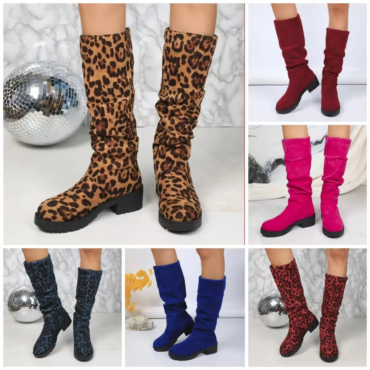 Large-Size Leopard Velvet Rough And Fashion Boots Women Autumn And Winter New Fashion Wrinkles Pile Boots HZ0115