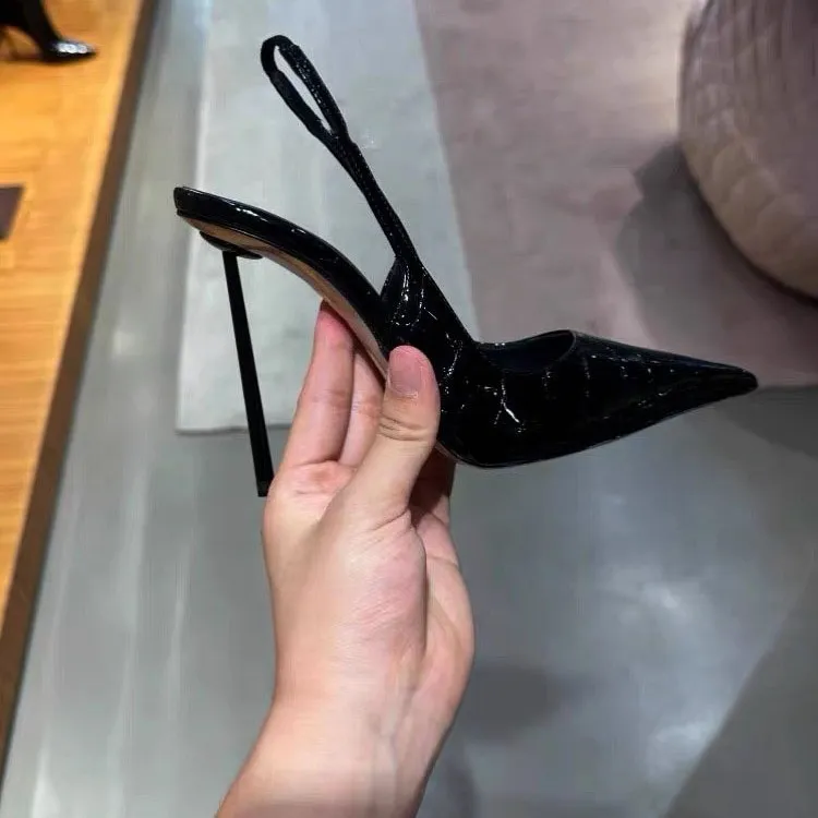 High Heels 2025 Spring New Fine Heel Head Sandals One-Word Patent Leather Royal Sister Temperament Pointed Shallow Single Shoes HZ0115