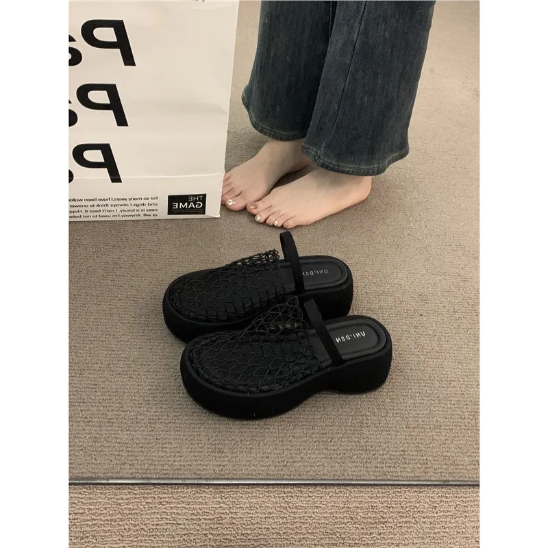 Pine Cake Thick Bottom High Heel Hollow Black Bag Head Sandals Women Summer Gentle Fairy Small Half Slippers HZ0115