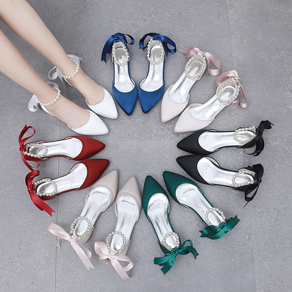 2 Cm Flat Tip Hollow Sandals Low Heel White Ribbon Wedding Shoes HZ0115