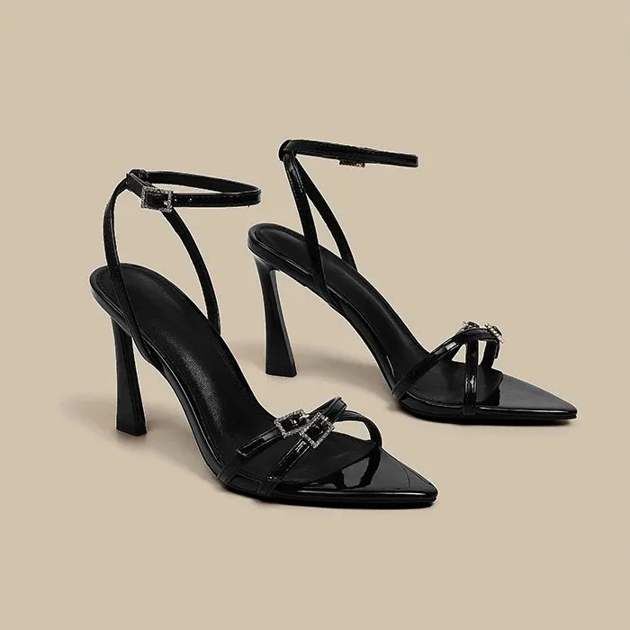 One Word With Water Drill Sandals Women 25 New French Temperament High-Heeled Shoes Side Buckle Tip Sexy Thin Heeled Toe Women's Shoes HZ0115