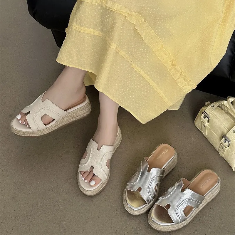 Sheepkin Version! Zhao Luth The Same ~ One-Word Cool Slippers Women's Summer Wearing Grass Pine Shoes Thick-Soled High-Heeled Sandals HZ0115