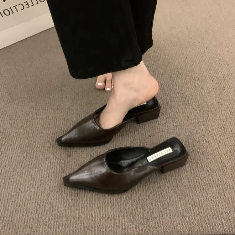 Naipa ~ Vintage Bag Head Half Slippers Women Outside Wearing A Lazy One-Legged Tip-Teller Shoes Coarse Heel Half-Shoe Single-Shoe Female HZ0115