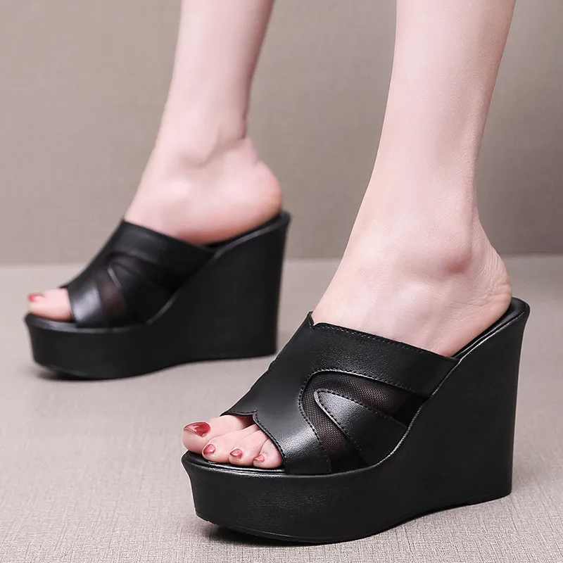 Fashion Outside The Slope And A Word Drag Summer New Pine Cake Thick Bottom Waterproof Table Hollow High And Fish Mouth Mesh Slippers Woman HZ0115