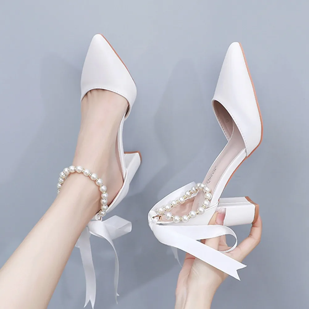 7 Cm Thick Heel Pointed Sandals With Shallow Female Sandals White Beaded Wedding Bride High Heels Large-Size Shoes HZ0115