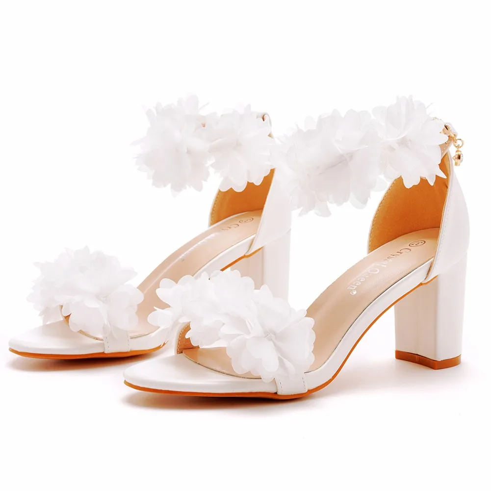 7 Cm Thick Heeled Light Mouth With Sandals Round Head Fish Mouth Flowers High Heel Sandals White Bride Wedding Shoes Woman HZ0115