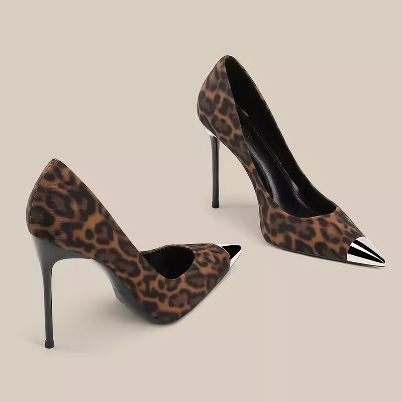 2025 New Small Design Metallic Iron Head Leopard Tip High Heel Shoes Shallow 10 Cm Fine Heel Single Shoes Women HZ0115