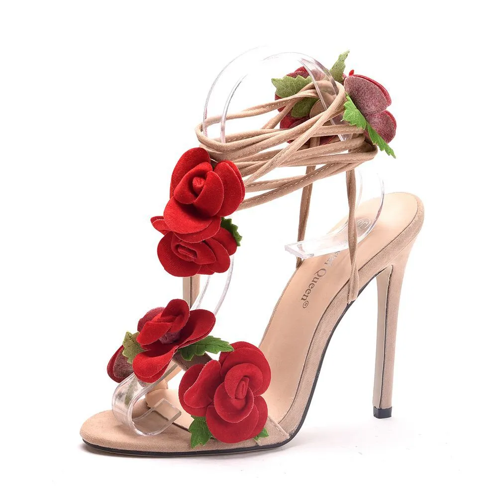 11 Cm Rose Flowers High Heel Sandals Large Size Hollow Strap Sandals Fashion Elegant Fish-Mouthed Sandals HZ0115