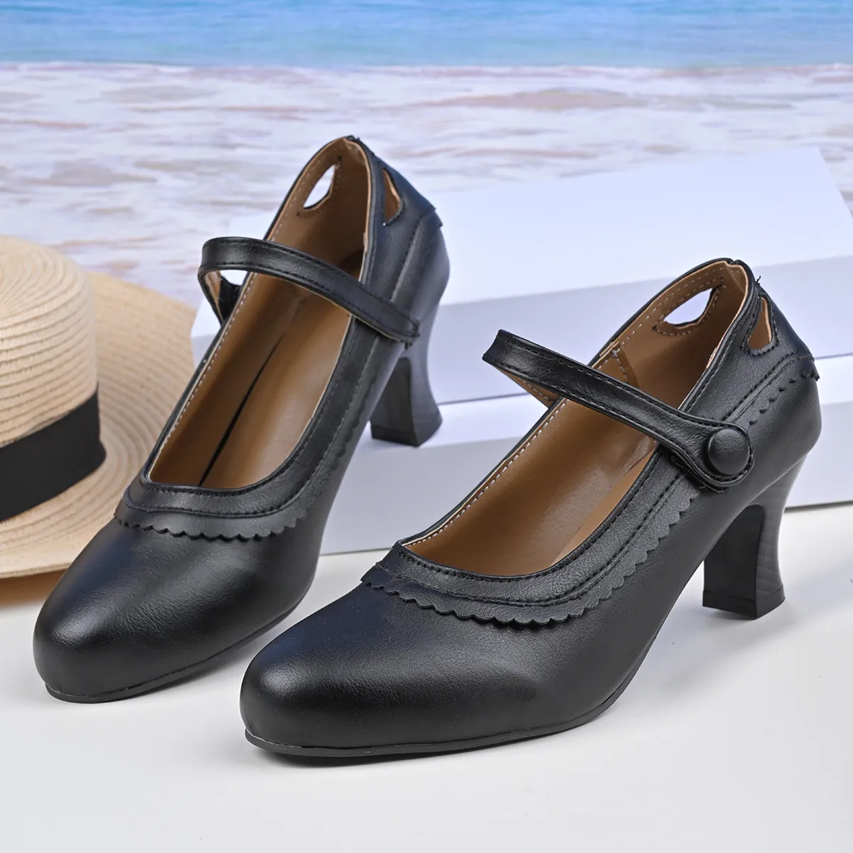 2025 New Ladies Retro Mary Jane High Heels Large-Size Coarse Lace Round Head High Heel Single Shoes HZ0115