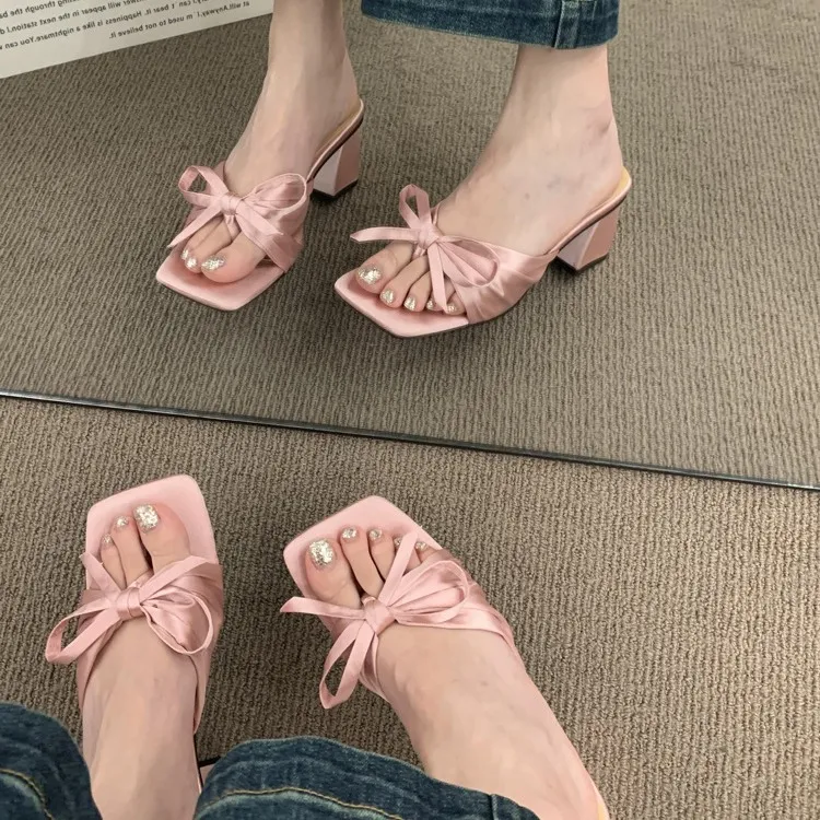 French High-End Silk And Satin Bow Coarse And Cool Slippers Women Wear 2025 New Summer Dew High-Heeled Shoes HZ0115