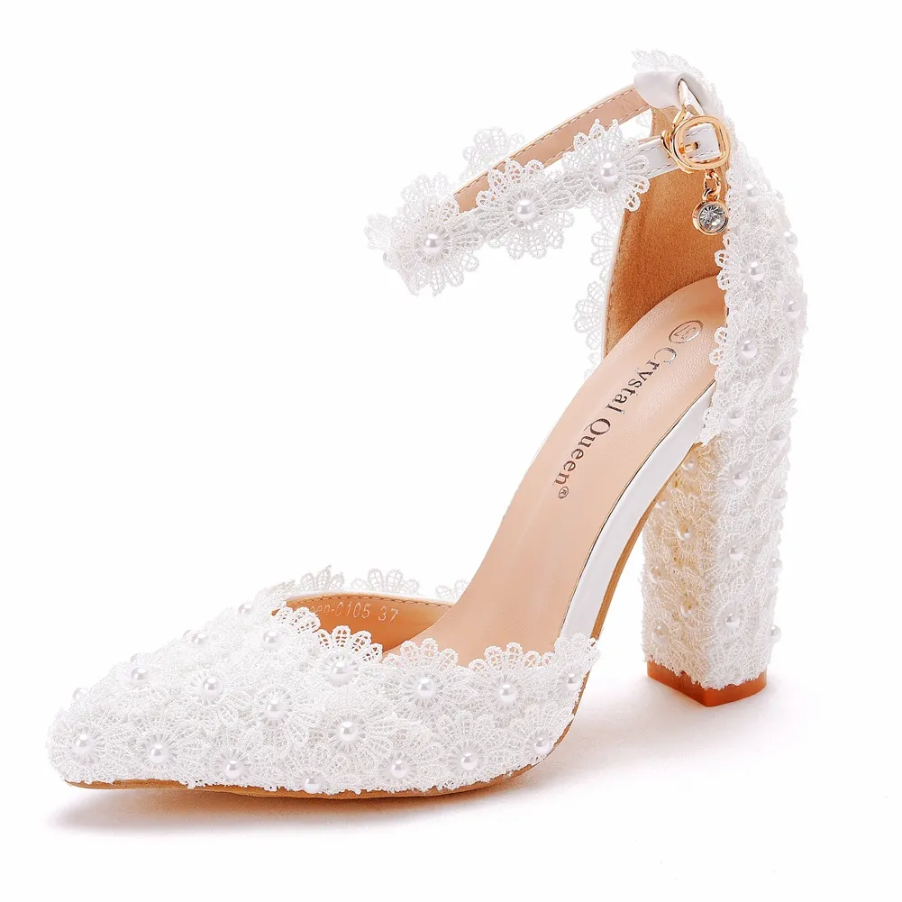 10 Cm White Lace Tip Coarse Sandals Wedding Dress Shoes Spring And Autumn Coarse Tips Sandals White Wedding Shoes HZ0115