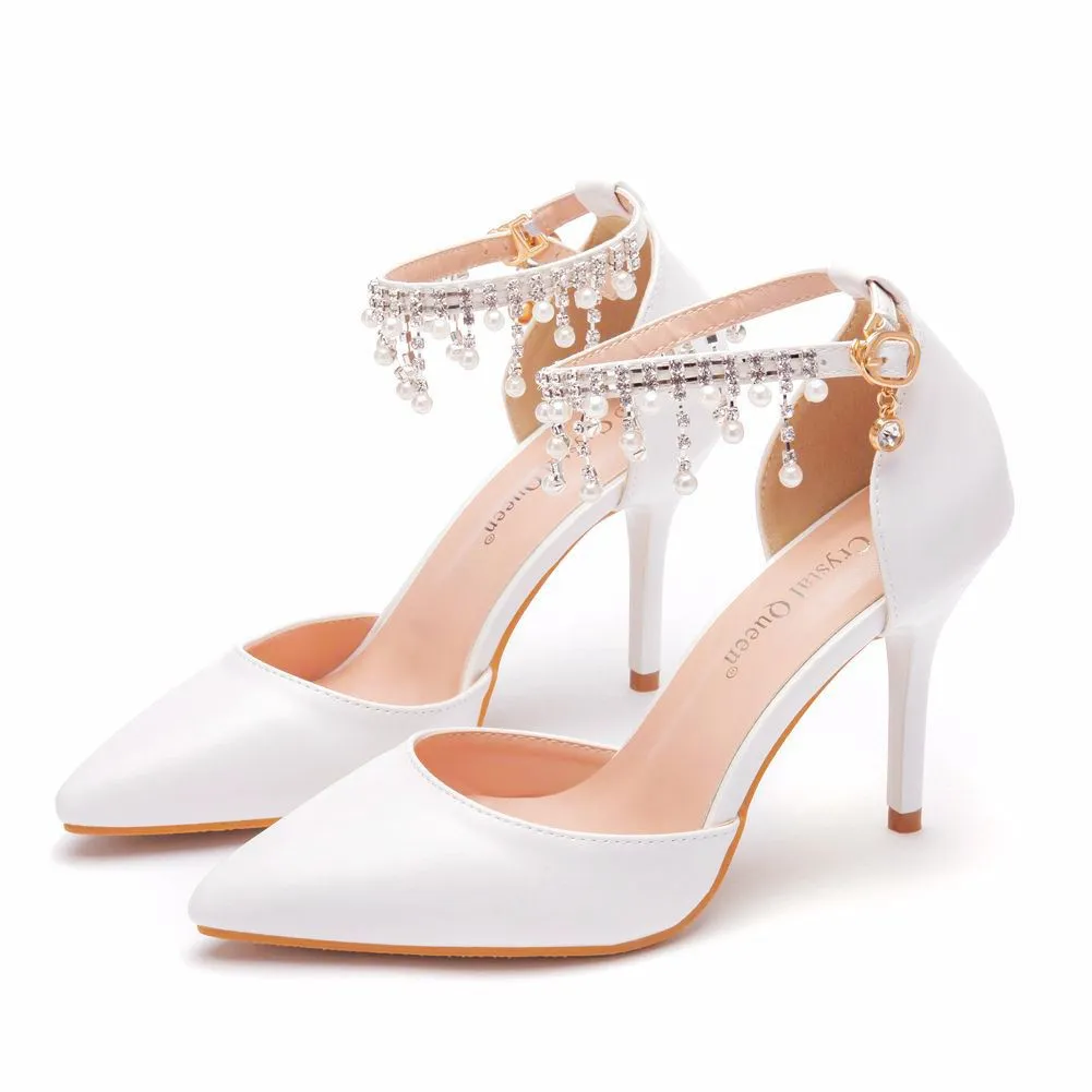 Thai Suzu Beads Large-Size High-Heeled Sandals Fine-Heeled Sandals White Pointed Shoes Female Wedding Wedding Bridal Sandals HZ0115
