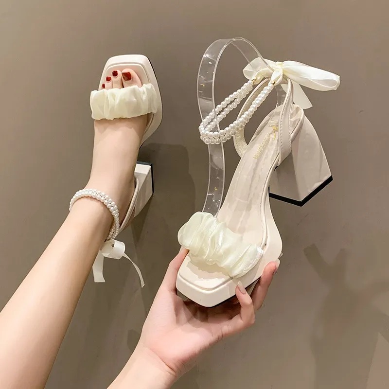Net Yarn High Heels Women Summer 2025 New Coarse Heel Crystal French Fairy Pearl Roman Sandals Ins HZ0115