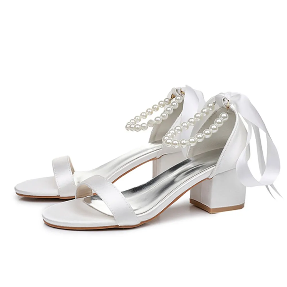 5 Cm Square Heel Sandals Shallow Mouth With Thick Heel Sandals White Beads Drifted Sandals Bride Wedding Sandals HZ0115