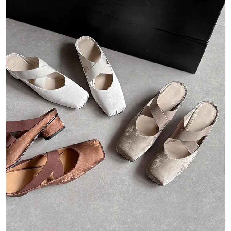 French Bag Head Half Slippers Women 2025 New Summer Square Ballet Cross-Band Heel Outer Sandals HZ0115