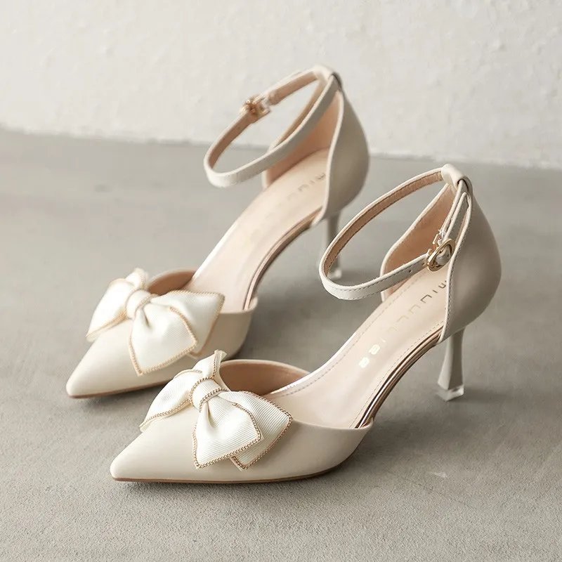 High-Heeled Women's 2025 Autumn New Bow Buckle With The Fine Heel Casual Net Red Women's Singles Shoes HZ0115