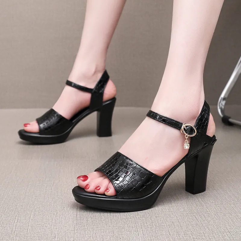 Painted Skin Thick Heel Waterproof Table One-Word Sandals Size Code 32-43 Fashion Show-High-Heeled Sandals Shoes Women HZ0115