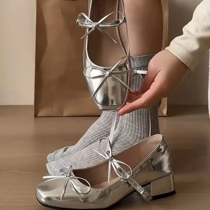 French Fairy Style Temperament Round Head Bow With Mary Jane Shoes Spring And Summer New Shallow Thick Heel Single Shoe Tide HZ0115