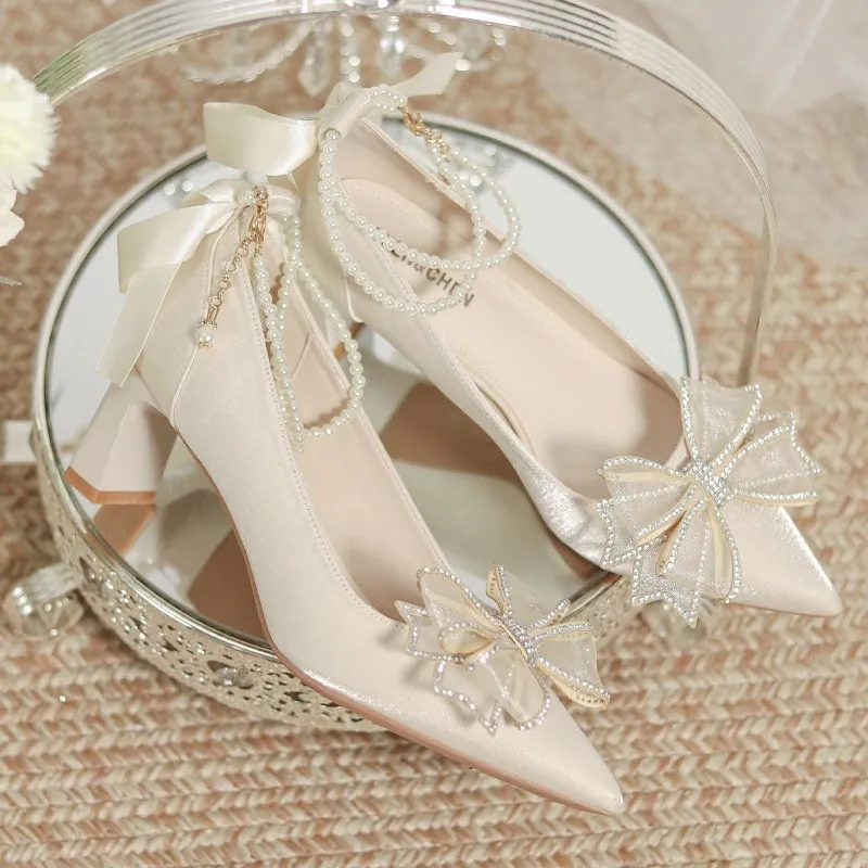 High-Heeled Women 2025 Summer New High-End Pointed Butterfly Wedding Shoes Water Drill Shallow Single Shoe Woman HZ0115