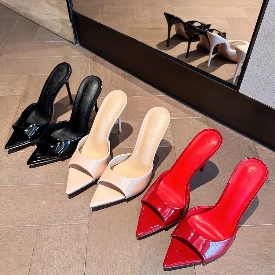 In The Summer Of 2025, The New Pointed High Heels With Fine Heel Half-Slippers Women's Patent Leather Black Simple Sandals HZ0115