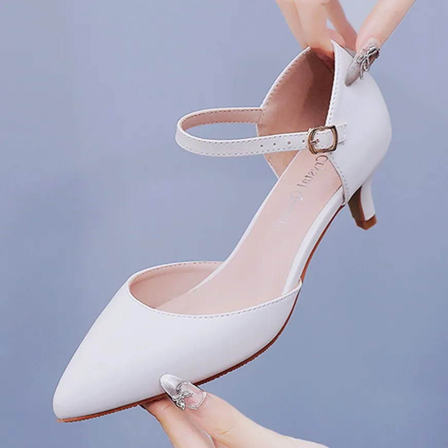 5 Cm White Fine-Heeled Pointed Sandals In Low- Heel Large-Size Women's Wedding Shoes Bride Shoes Large Size Small Size HZ0115