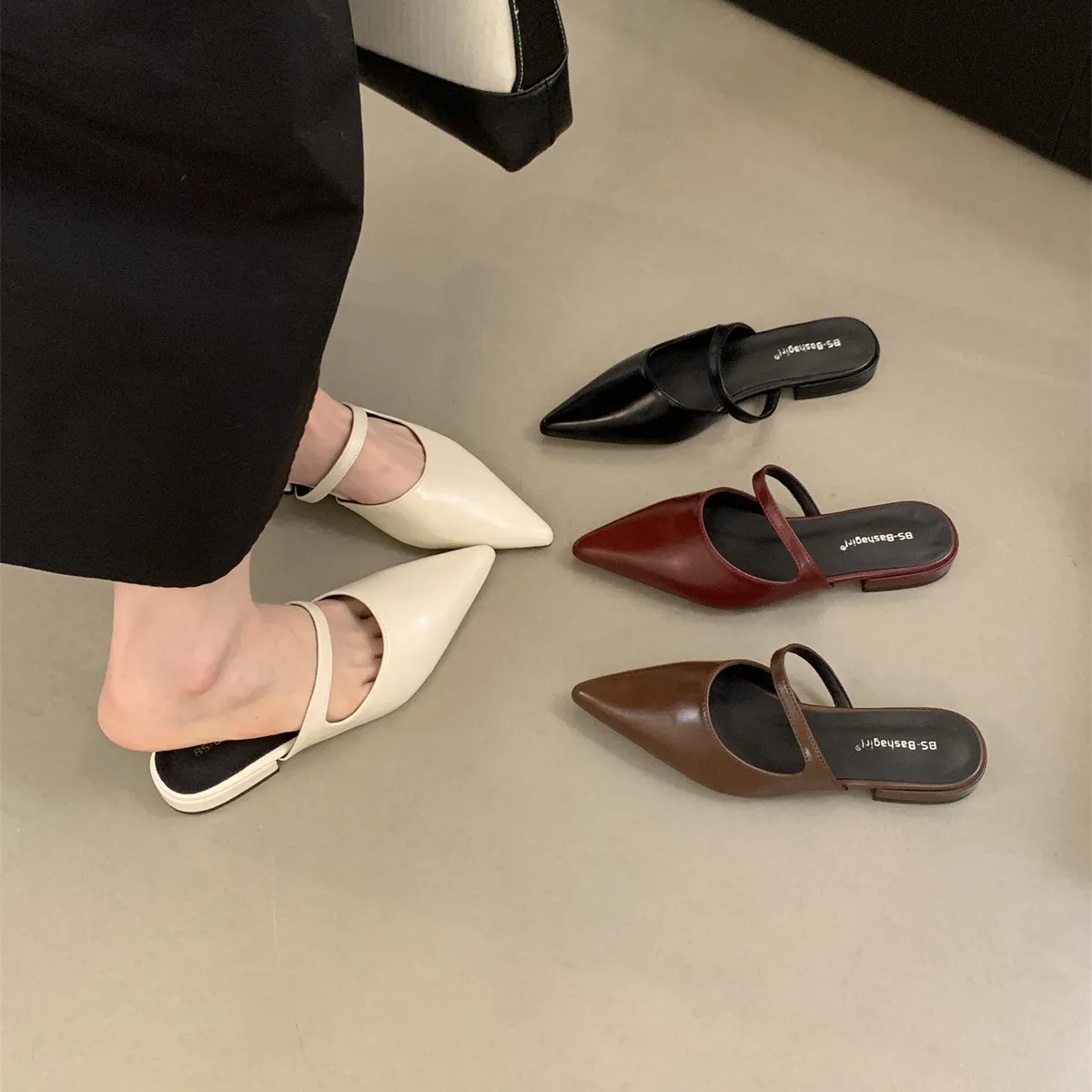 Women's Top Half Slippers Women Summer Wear Pointed Soft Leather Evening Shoes Gentle Fairy Wind Flat Bottom Of The Mole HZ0115