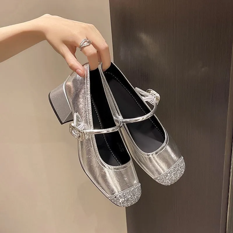Small Fragrant Wind Thin Height Retro French Single Shoes Small Fragrant Wind Silver Lily One Word Temperament Light-Mouthed Mary Treasure Shoes HZ0115