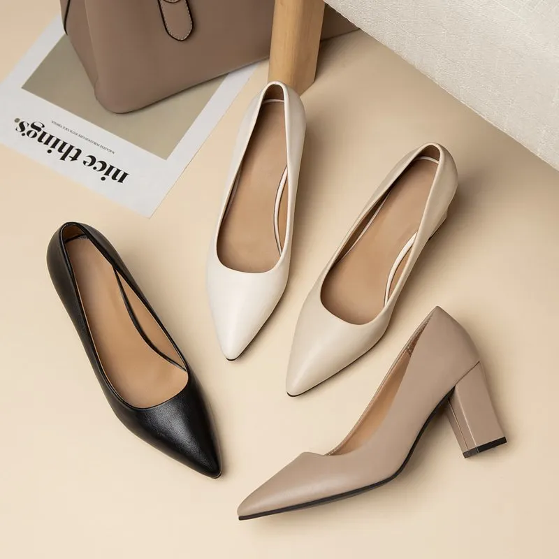 Coarse Heel High-Heeled High-Heeled Women's Comfortable Work Etiquette Business Dress Korean Version Of Pure Leather Shoes Four Seasons HZ0115