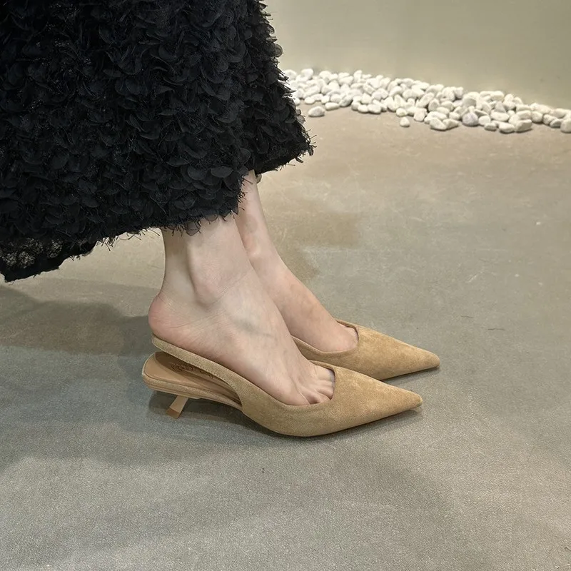 French Retro Temperament Famous Head Pointed Sandals Women Summer Velvet Fine Heel Fairy High Heels Behind Empty Single Shoes HZ0115