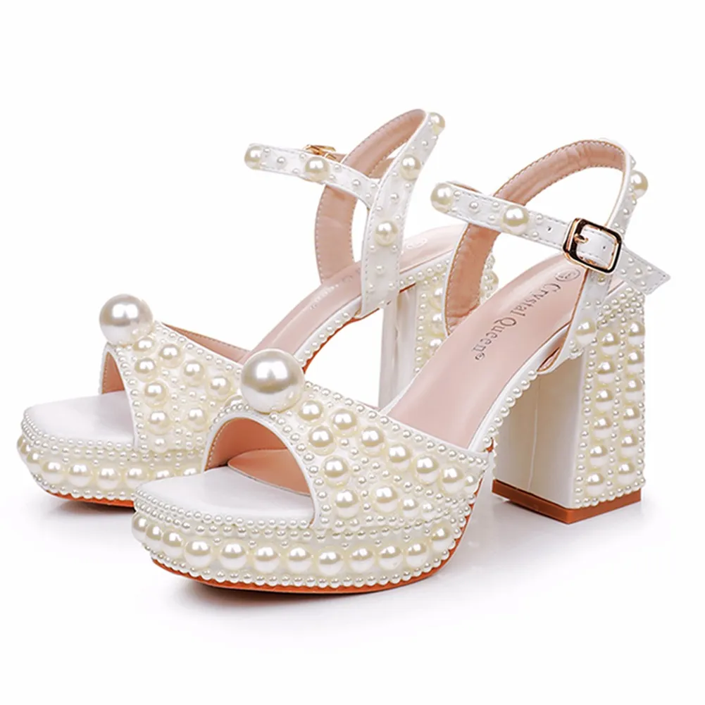 9 Cm Thick Heel Fish Mouth Waterproof Table Sandals Round Head Square Thick Heel Sandals White Pearl Wedding Shoes HZ0115